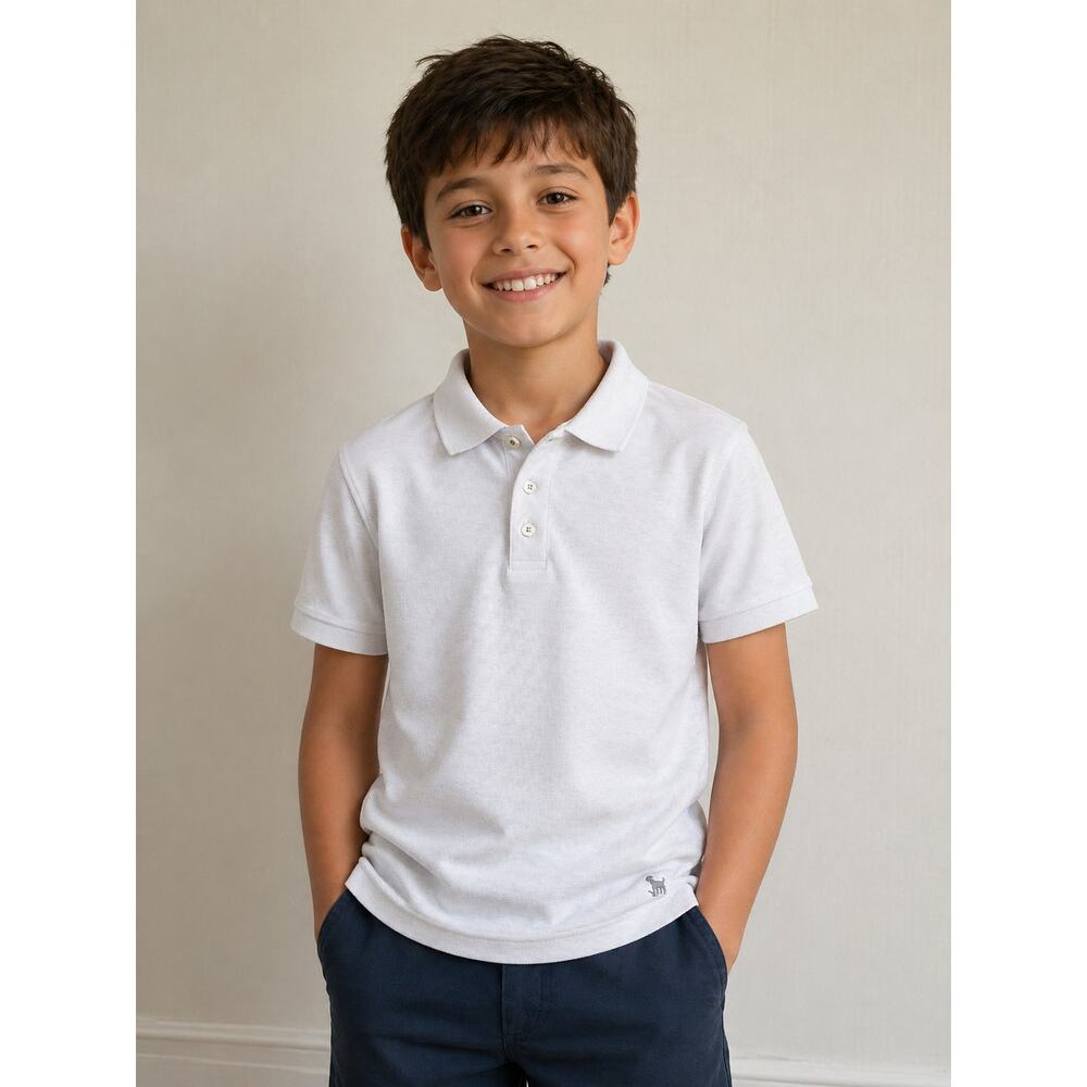 Boden Boys White Polo Shirt  Embroidered Dog Size 10-12 Classic Tee Casual Polo